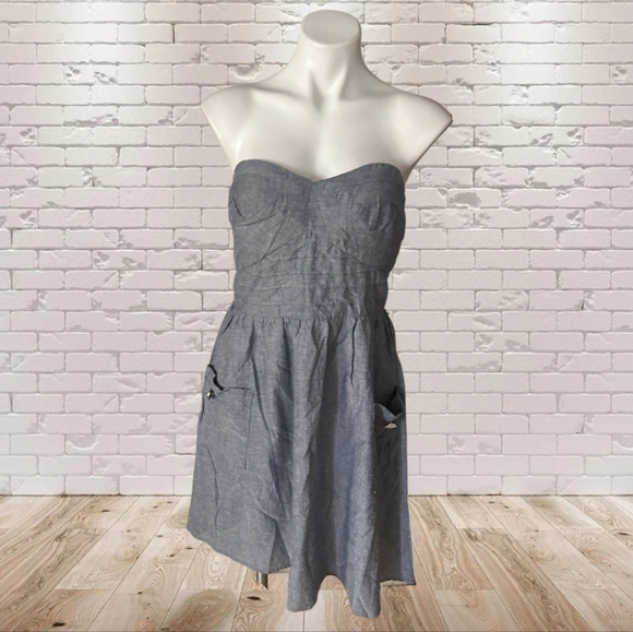 Trixxi Stylish Strapless Denim Like Dress With Front Pockets - Picture 1 of 4
